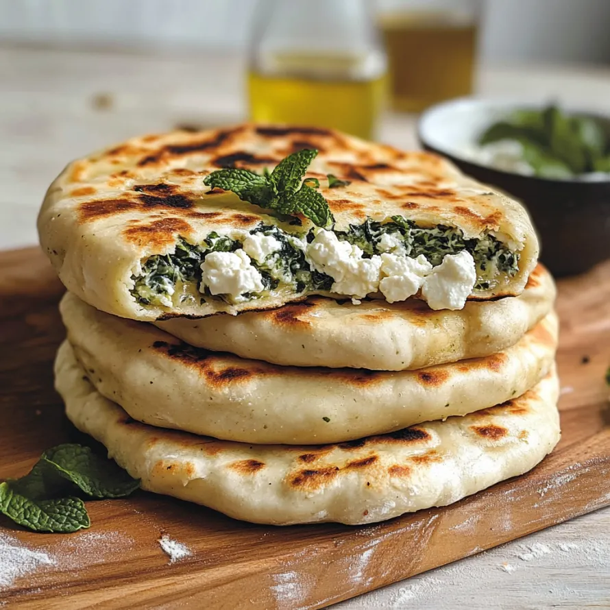 A stack of pita bread with cheese and mint.