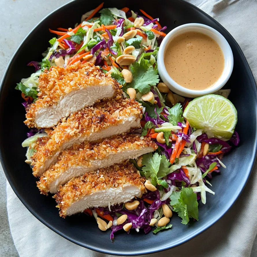A plate of food with chicken, salad, and sauce.