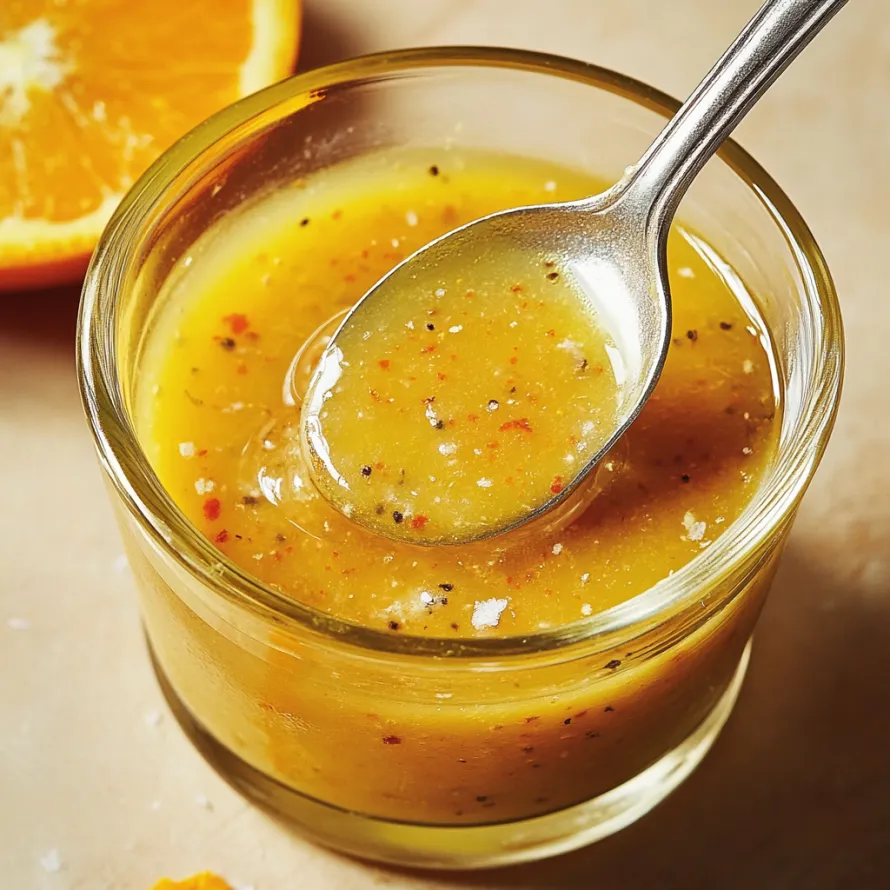 A glass of orange sauce with a spoon in it.