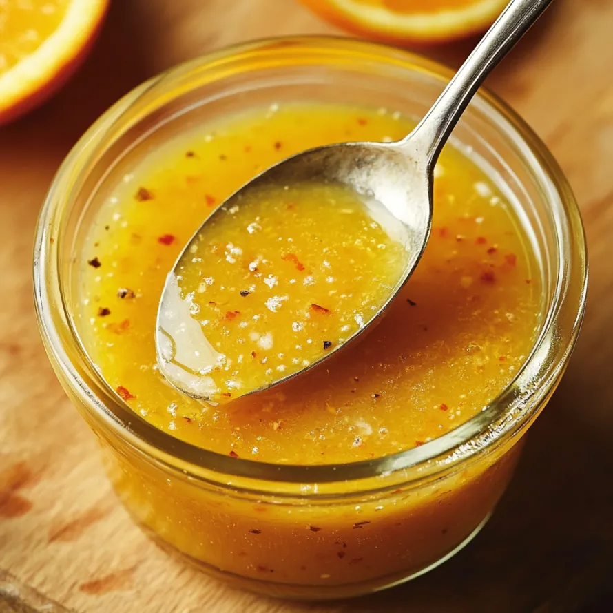 A spoon in a glass of orange sauce.