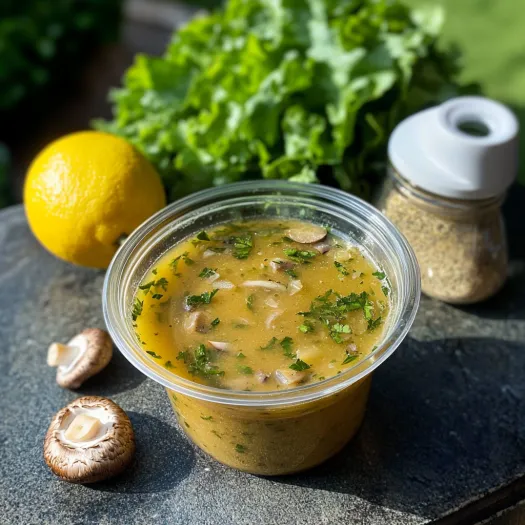 A bowl of soup with a lemon and a spoon.