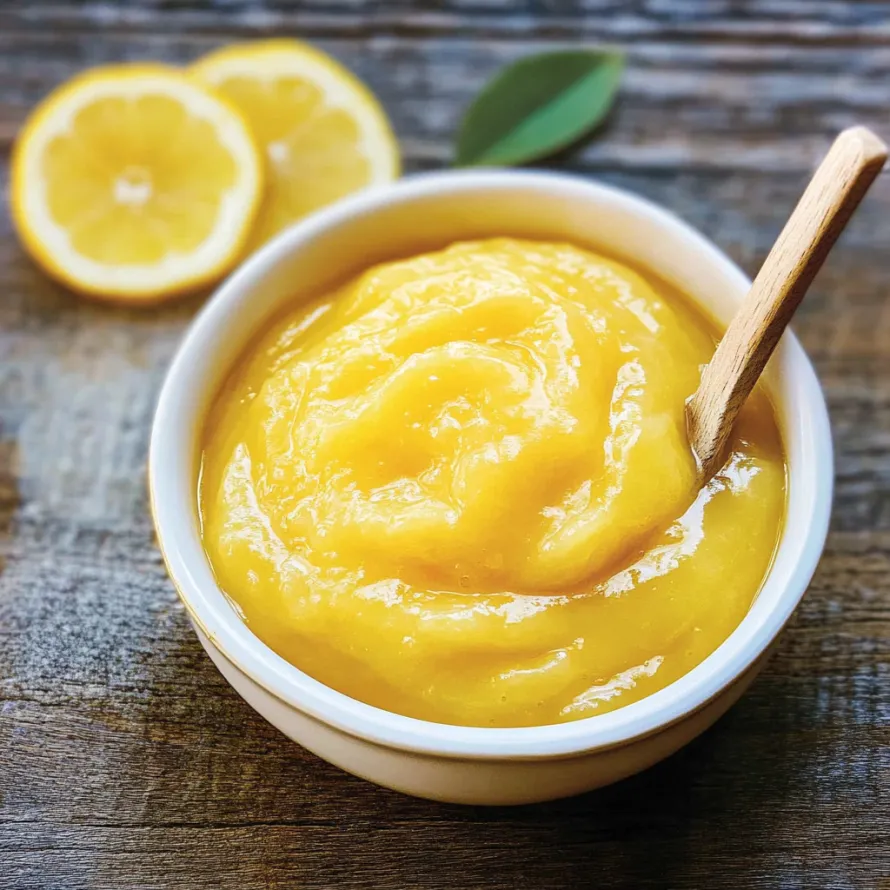 A bowl of lemon curd with a spoon in it.