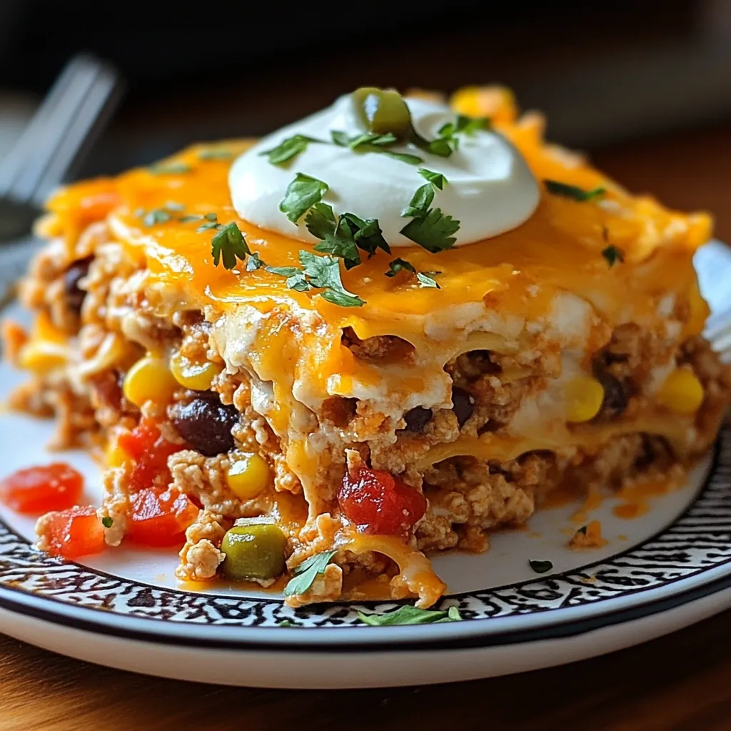 A slice of casserole with a dollop of sour cream on top.