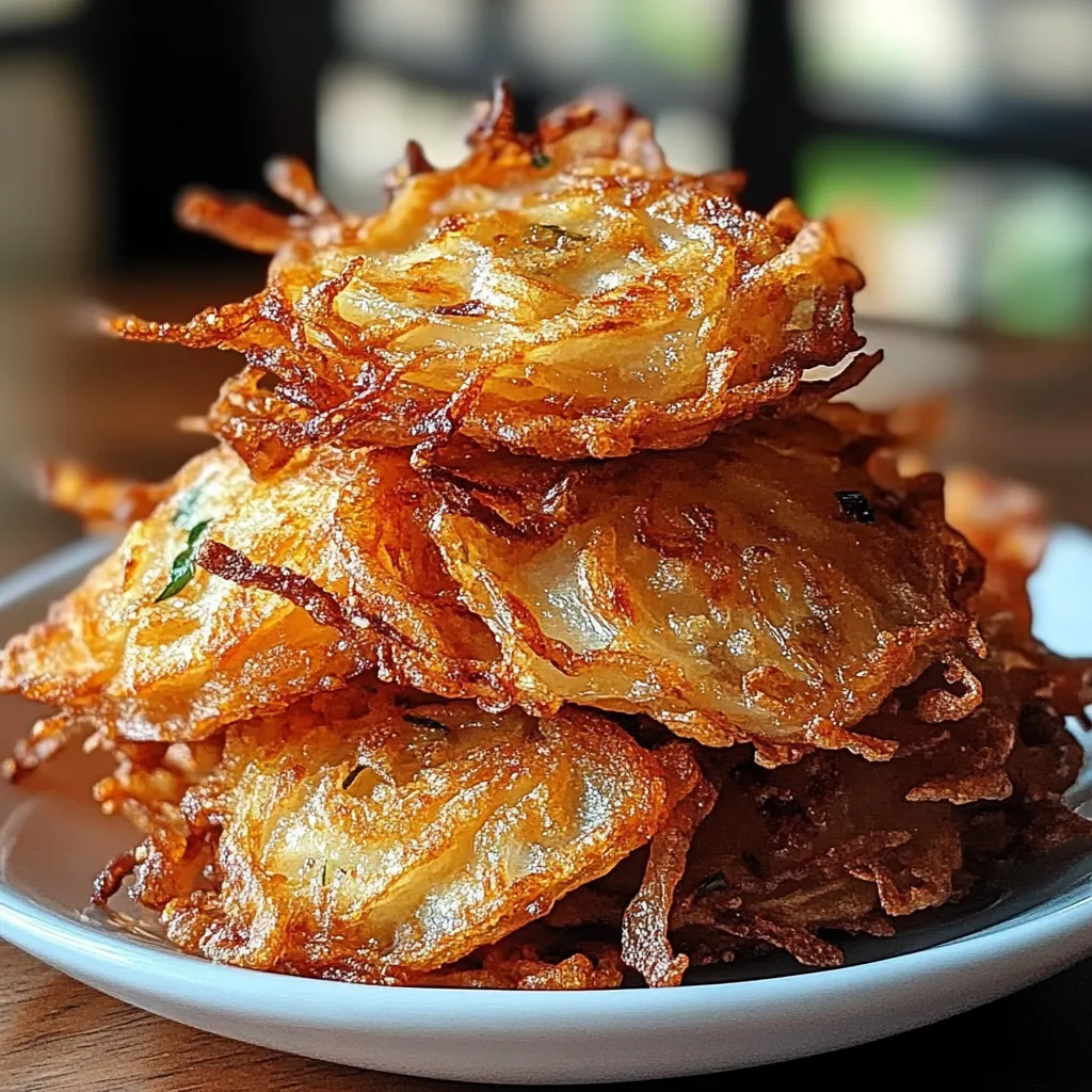 A stack of fried potatoes on a plate.