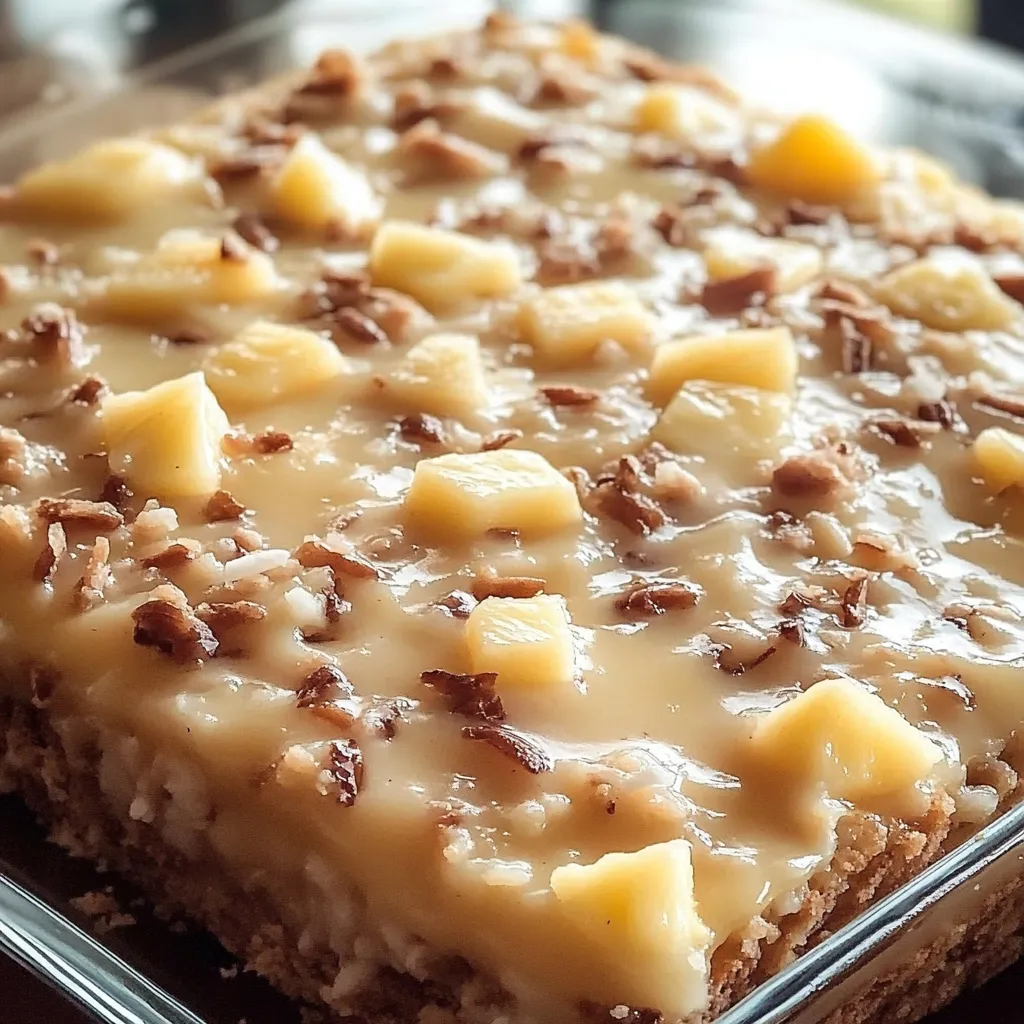 A square piece of cake with coconut on top.