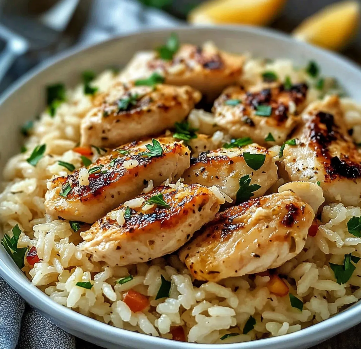 A bowl of rice with chicken on top.