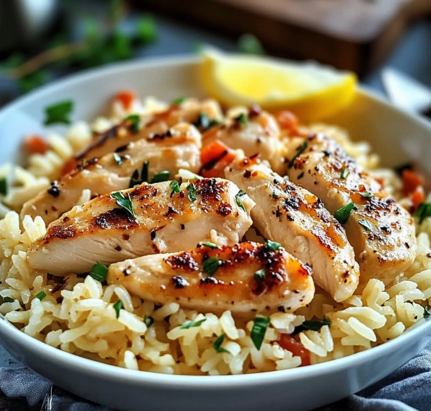 A bowl of rice with chicken and vegetables.
