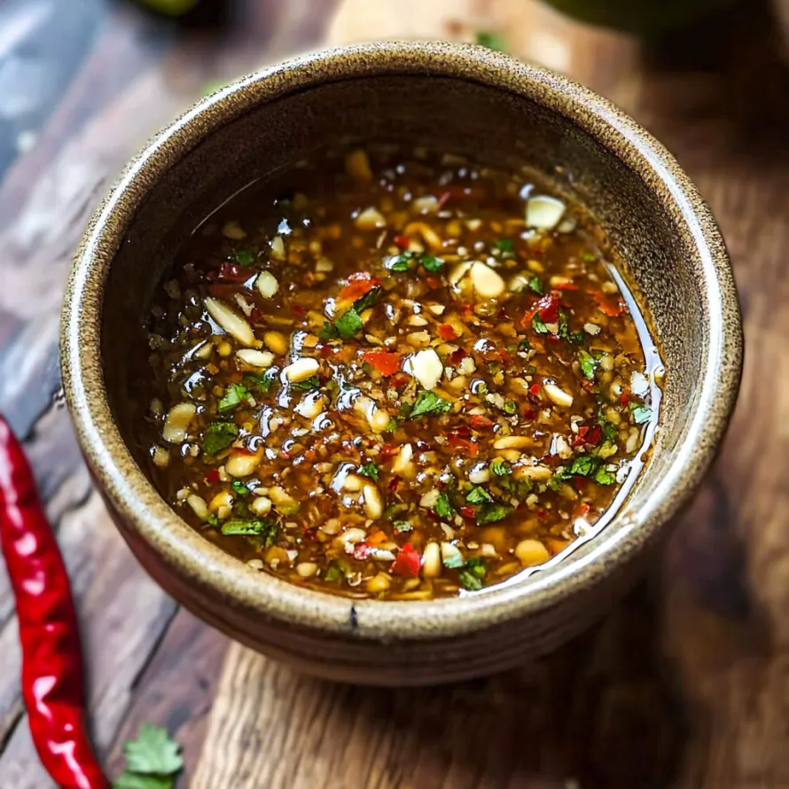 A bowl of soup with red peppers and nuts.