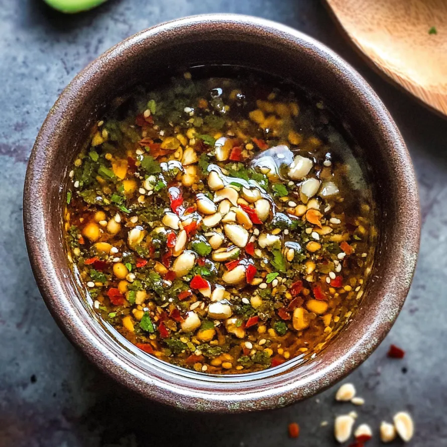 A bowl of soup with red peppers and nuts.