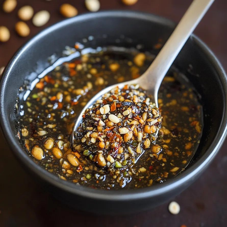 A spoon in a bowl of soup.