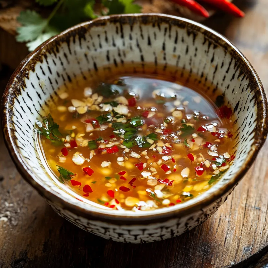 A bowl of soup with red peppers and herbs.