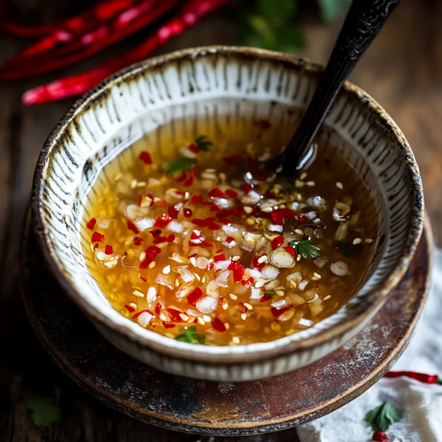 A bowl of soup with red peppers and onions.