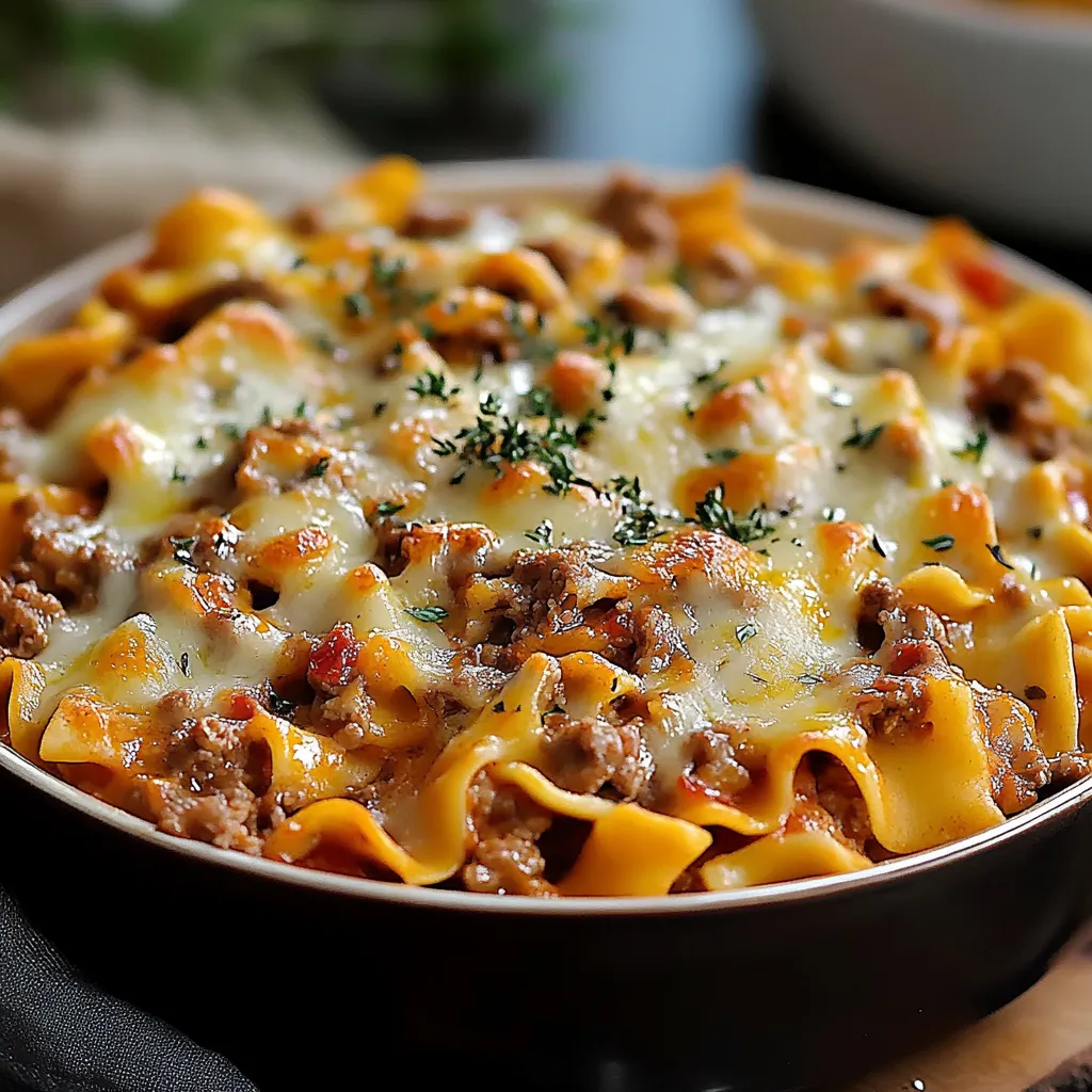A bowl of pasta with meat and cheese.