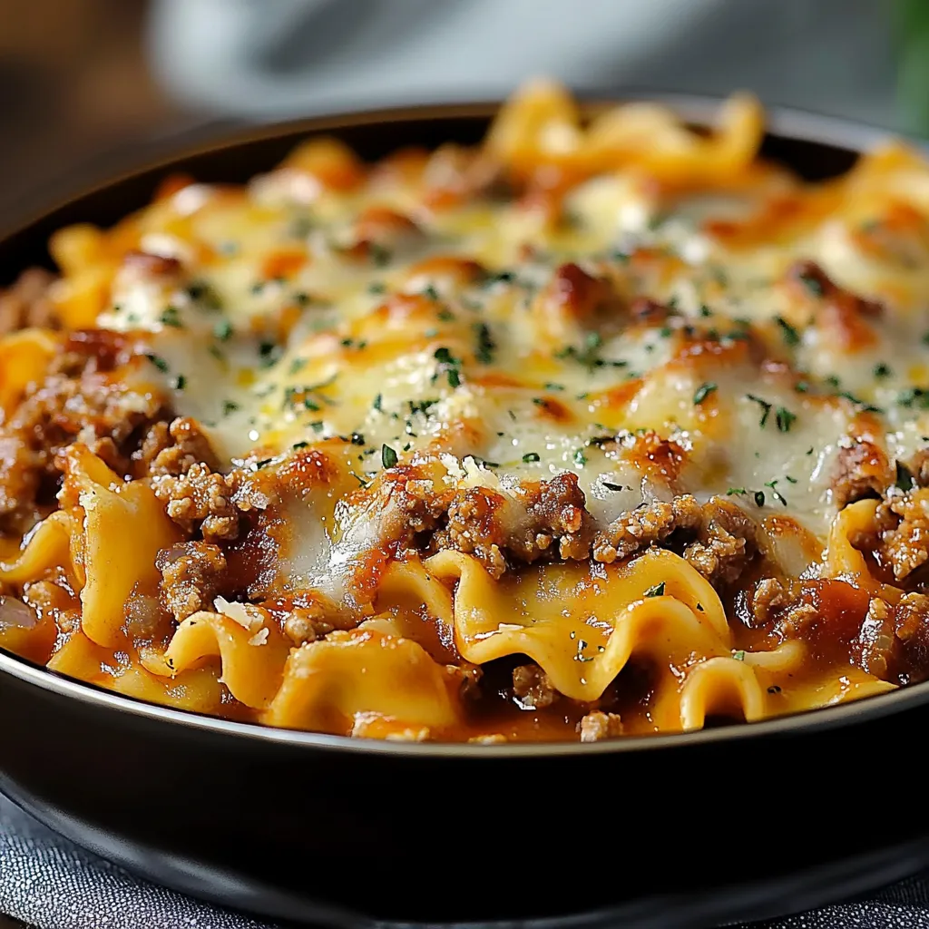 A bowl of pasta with meat and cheese.