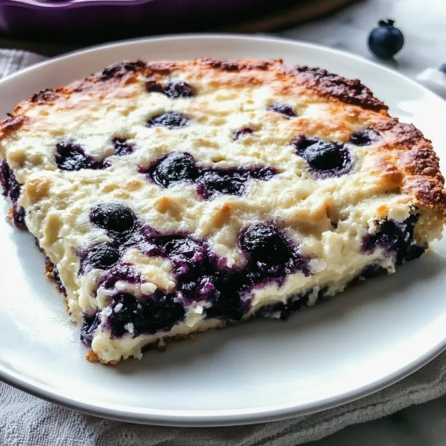 A slice of blueberry cheesecake on a white plate.