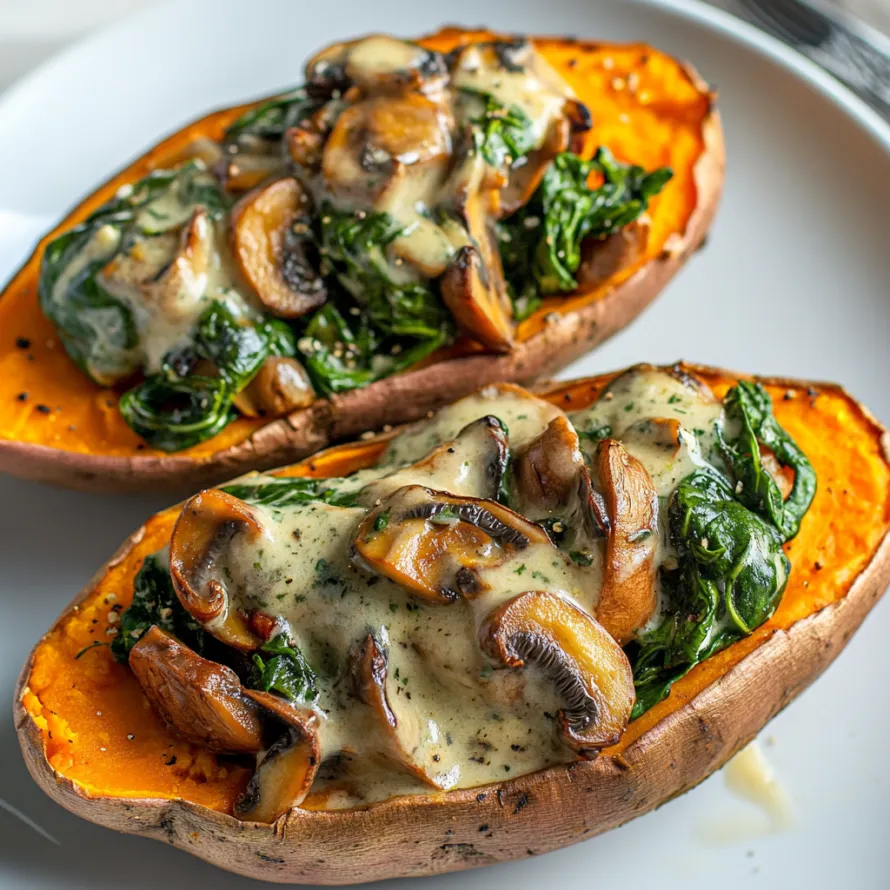 Two slices of pumpkin with mushrooms and greens.