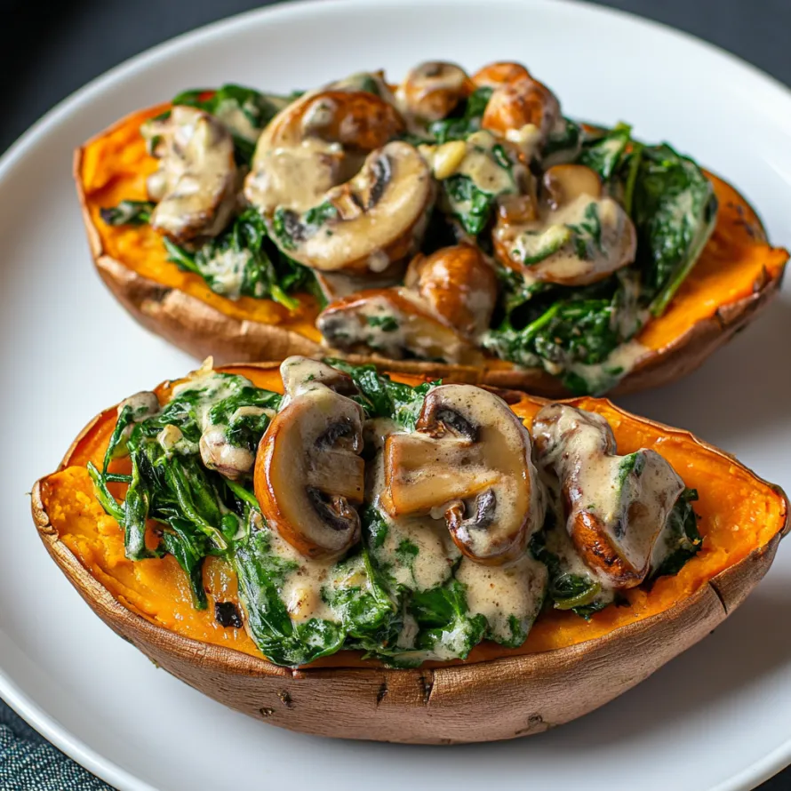 Two slices of mushroom and spinach stuffed pumpkin.