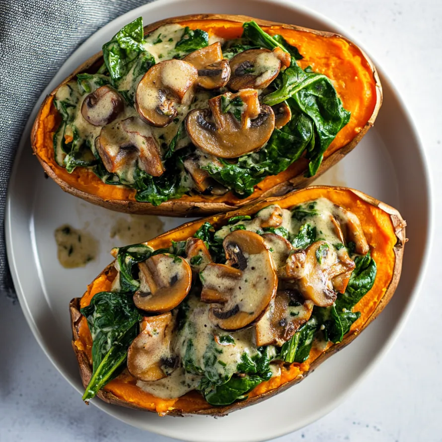 Two slices of roasted sweet potato with mushrooms and greens.