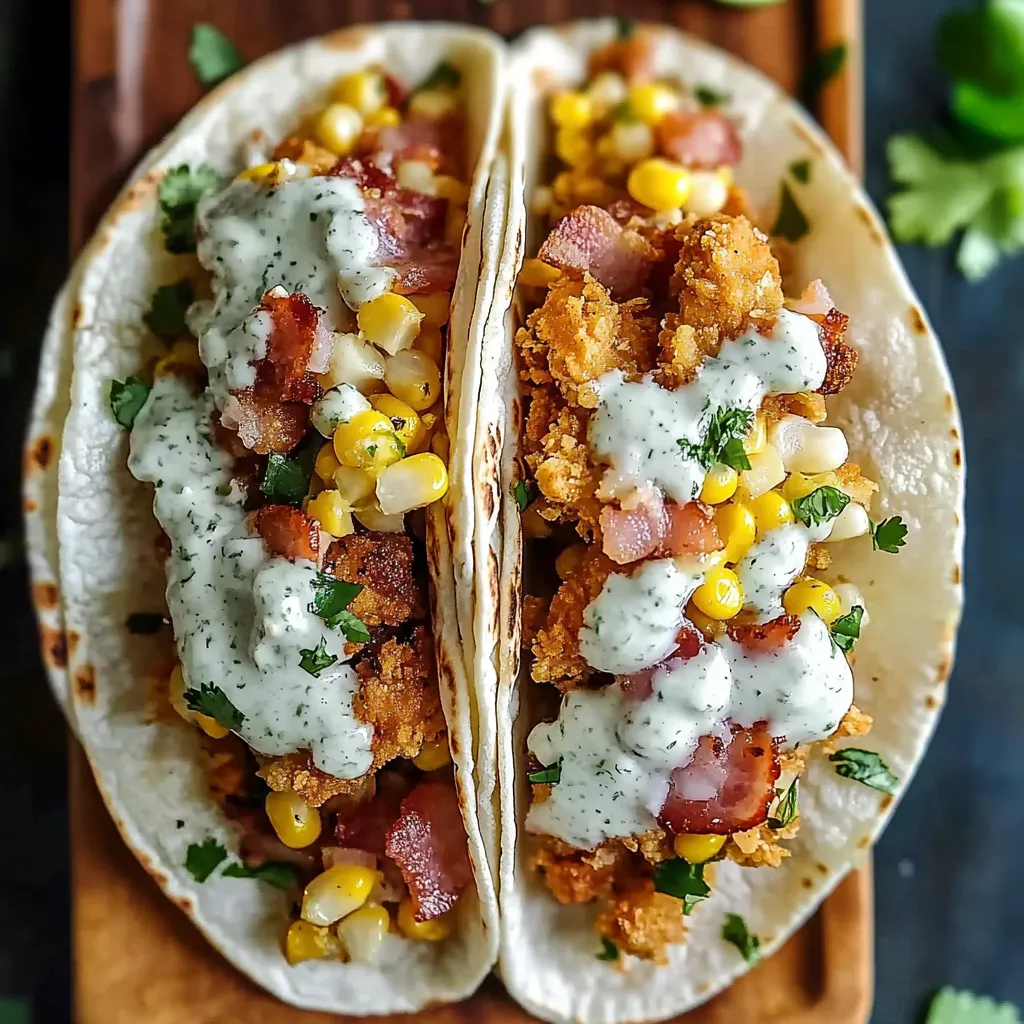 Fried Chicken Street Corn Tacos with Bacon and Jalapeno Lime Ranch