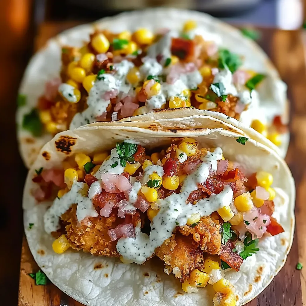 Two tacos with chicken and corn toppings.