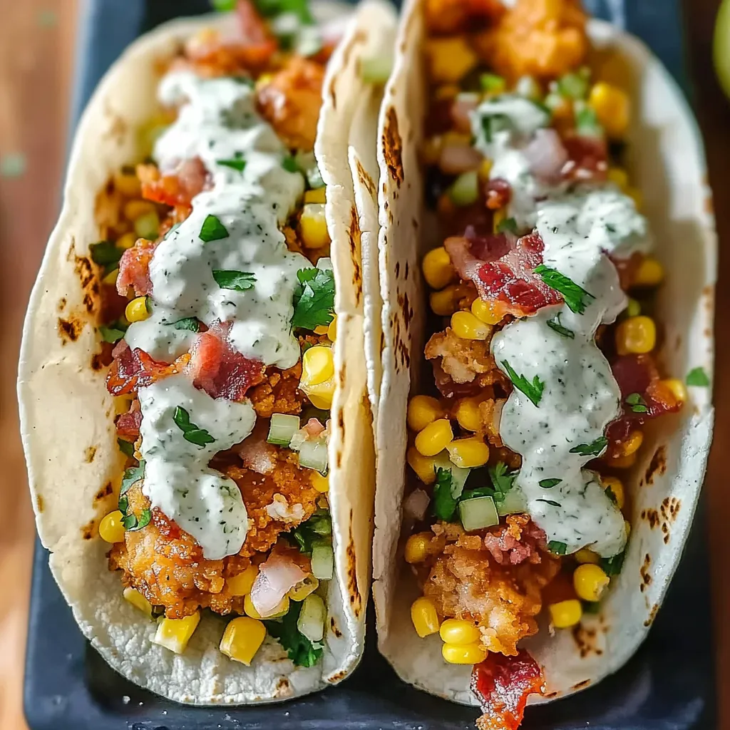 Two tacos with chicken, corn and sauce.