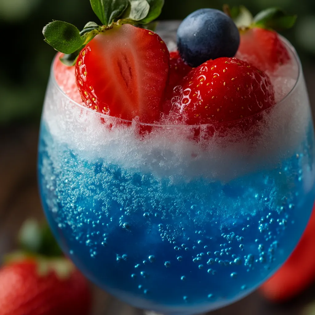 A glass of blue and red drink with strawberries.