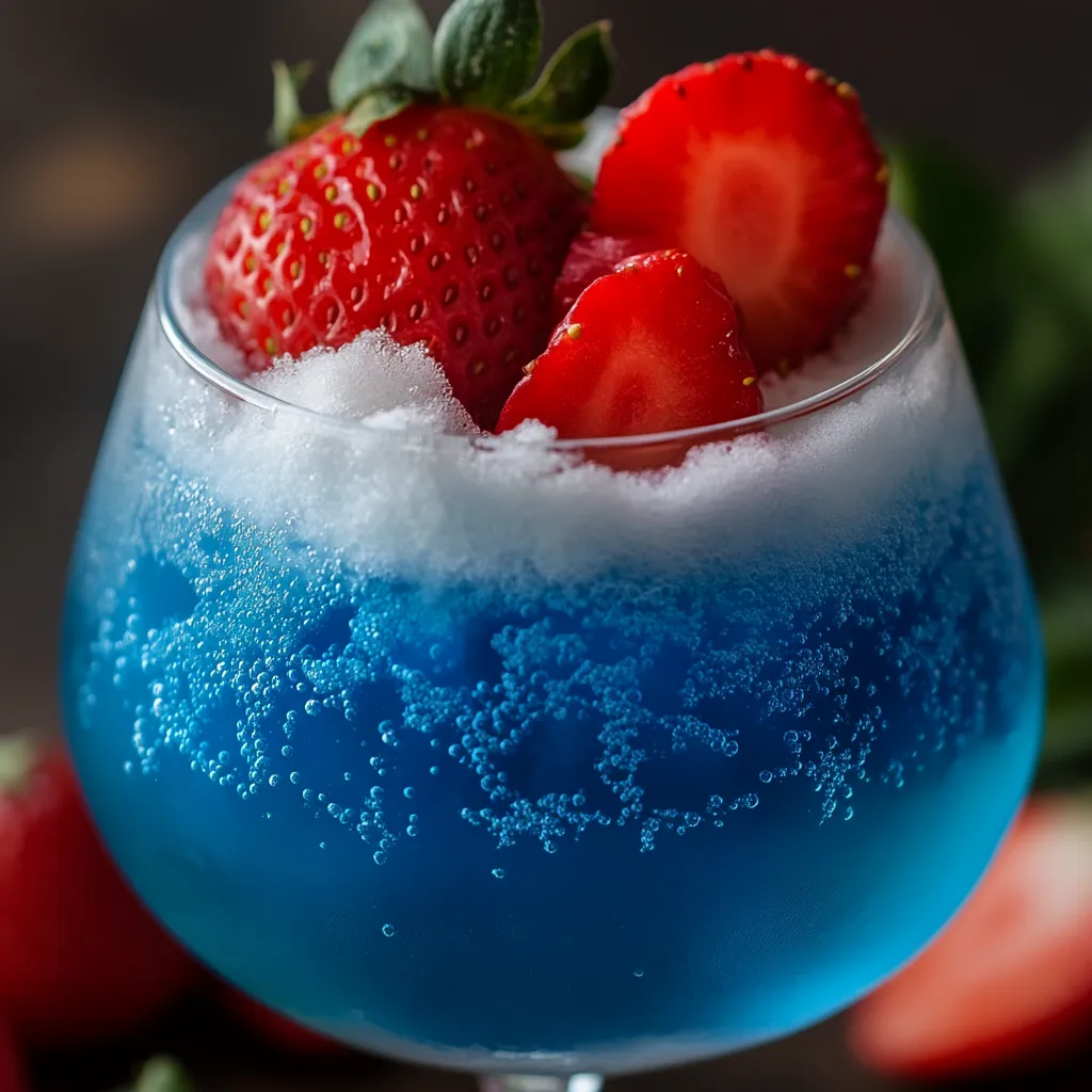A glass of blue drink with strawberries in it.