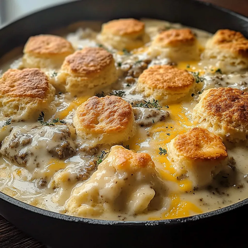 A pan of food with biscuits and gravy.