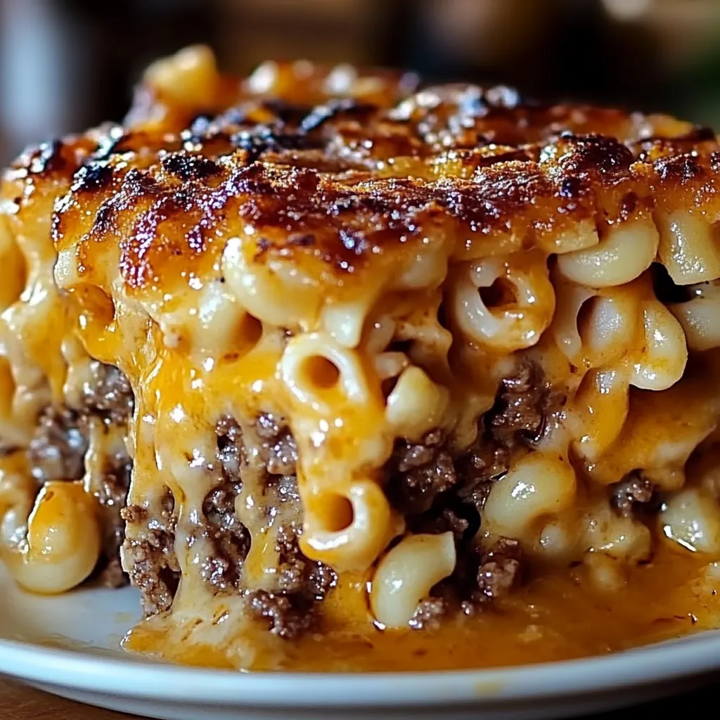 A plate of food with a cheese and meat casserole.