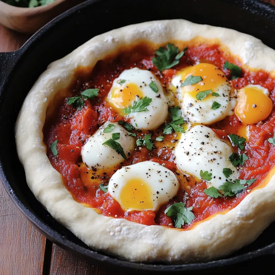 A pizza with eggs and tomatoes.