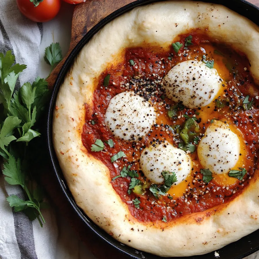 A pizza with eggs and tomatoes.