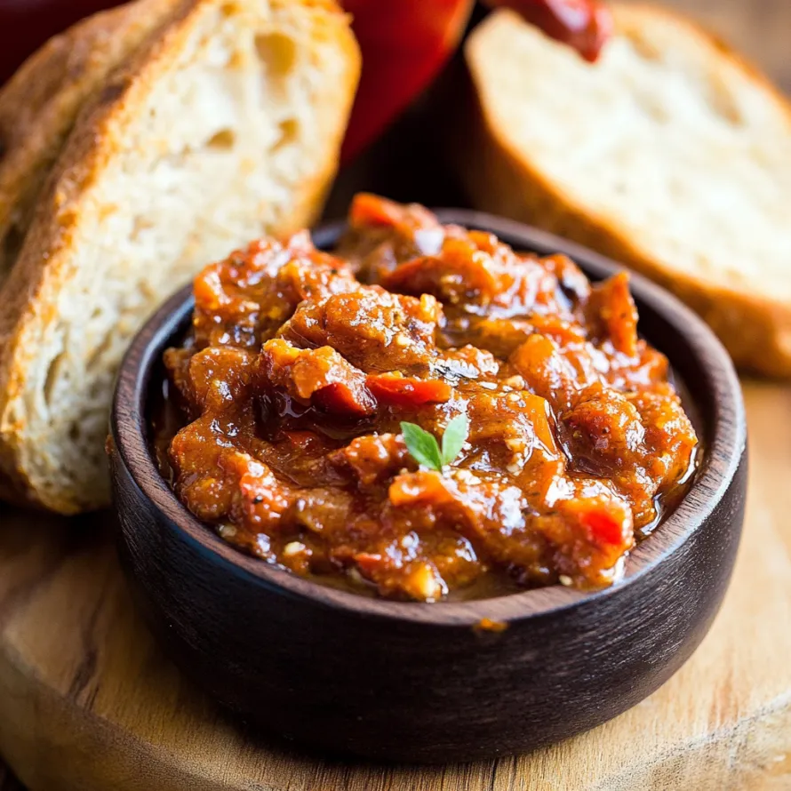 A bowl of red sauce with a slice of bread.
