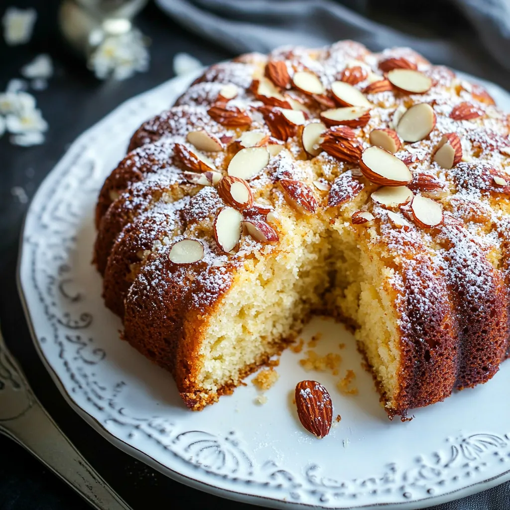 A slice of cake with almonds on top.