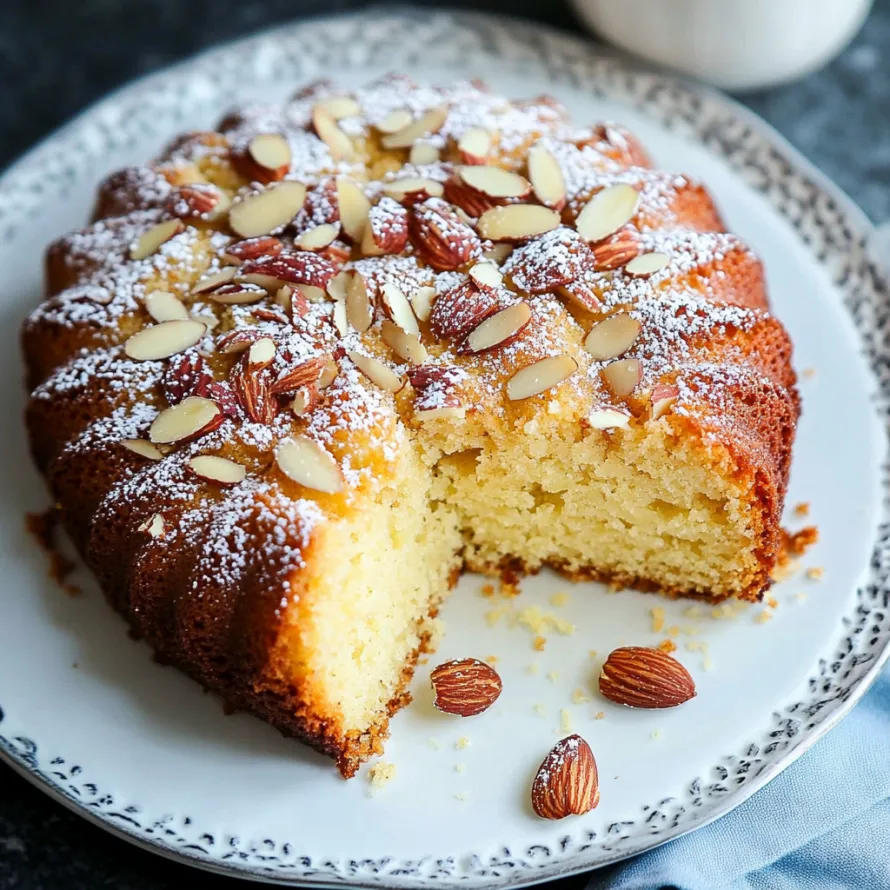A slice of cake with almonds on a plate.