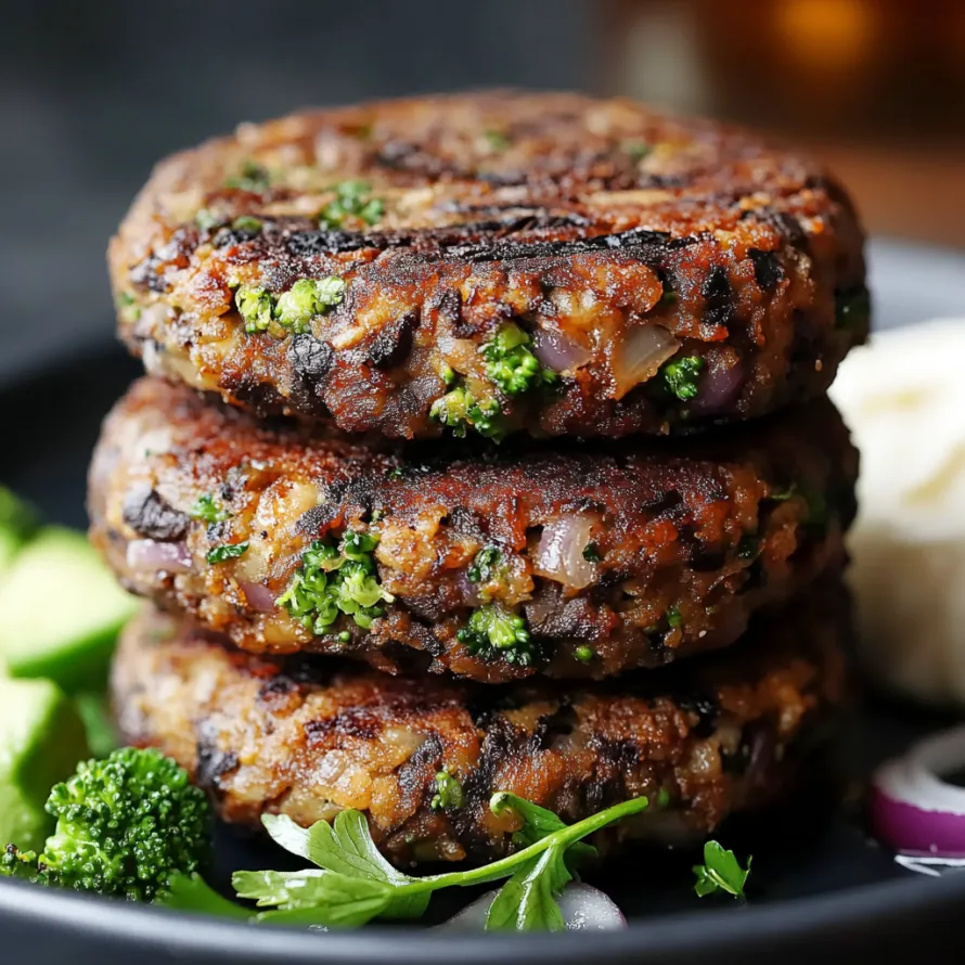 A stack of three black patties with broccoli on the side.