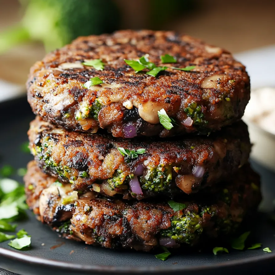 A stack of three burgers with broccoli on top.
