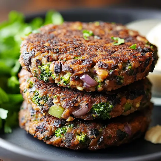 A stack of black patties with green toppings.