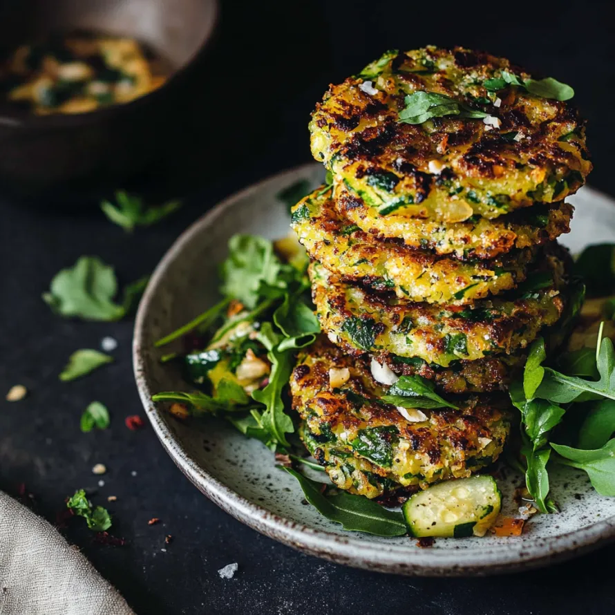 A stack of vegetable patties on a plate.