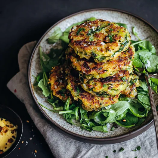 A stack of vegetable patties on a plate.