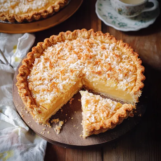 A slice of pie on a wooden table.