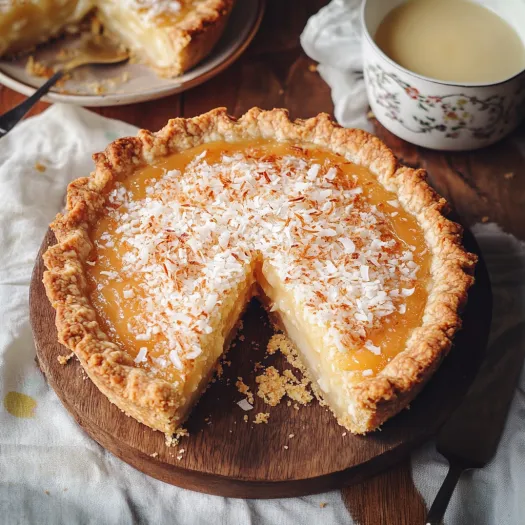 A slice of pie with coconut on top.