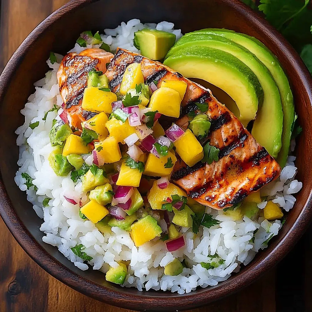 A bowl of food with rice, avocado, and fish.