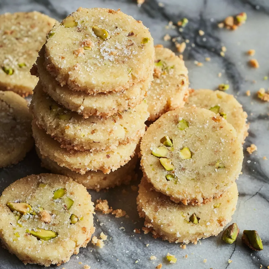 A stack of cookies with almonds on top.