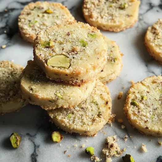 A stack of cookies with almonds on top.