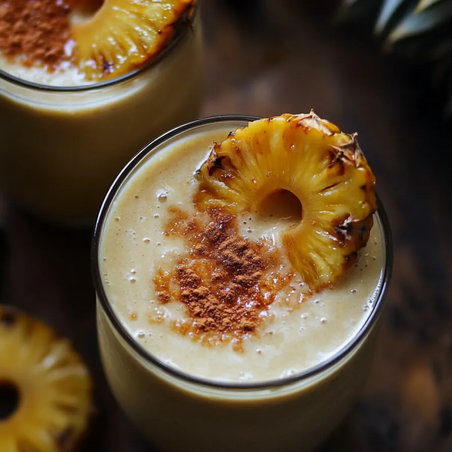 Two glasses of pineapple drinks with a pineapple wedge in each.