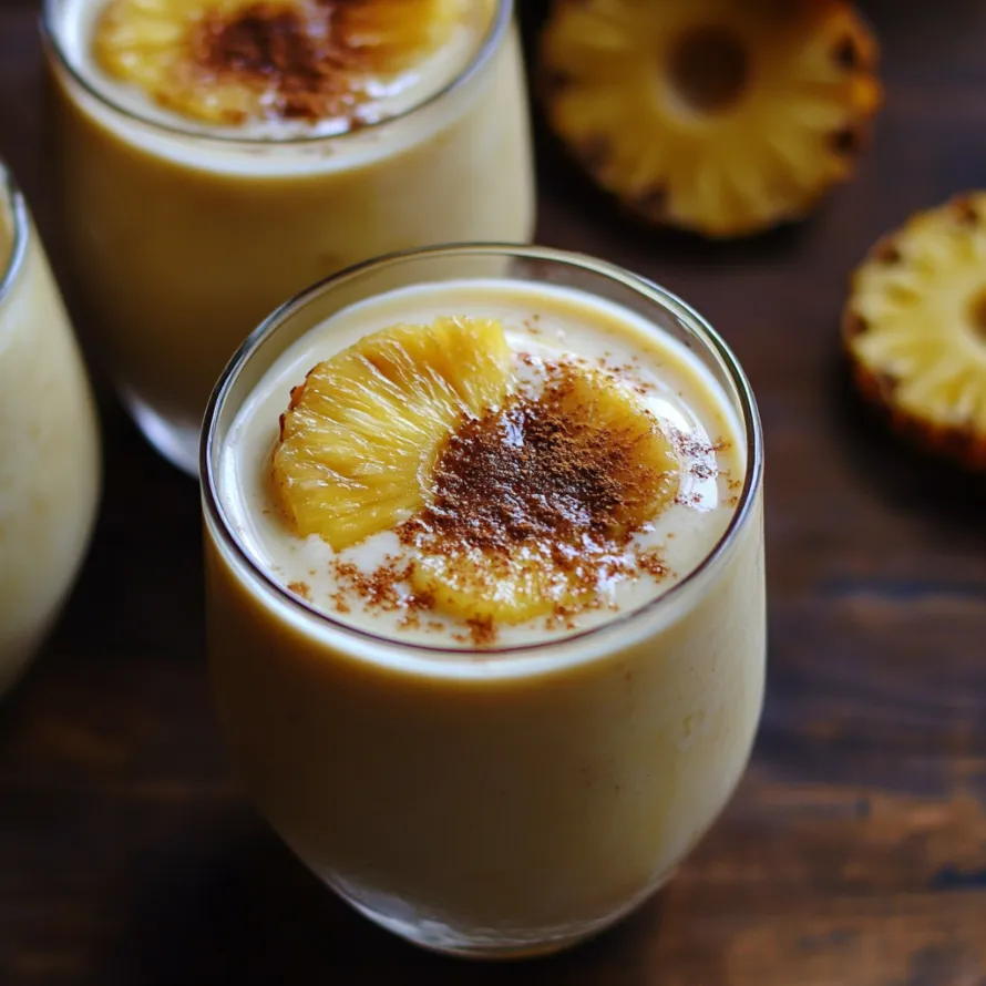 A glass of pineapple with a slice of pineapple on top.
