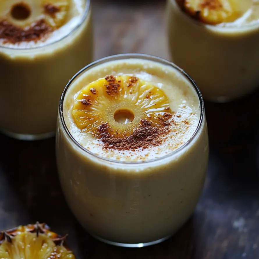 A glass of pineapple juice with a slice of pineapple on top.