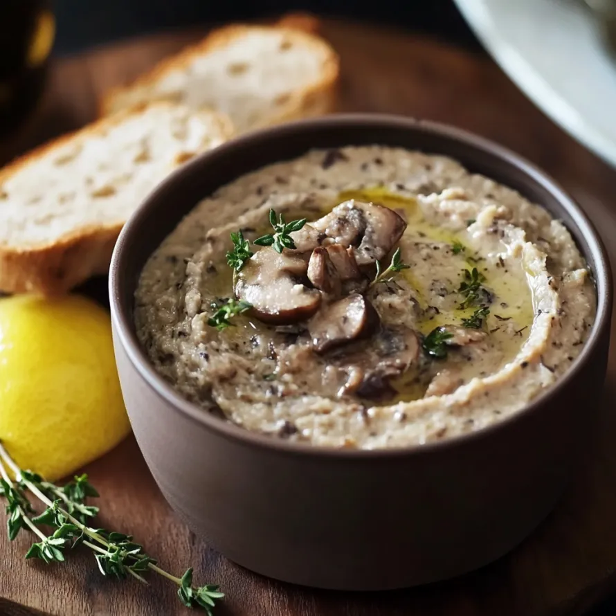 A bowl of soup with mushrooms and bread.
