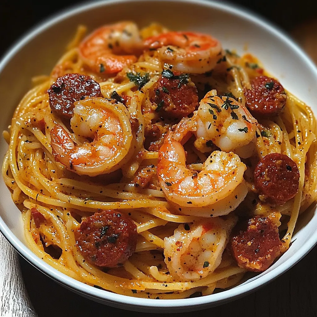 A bowl of shrimp and sausage.