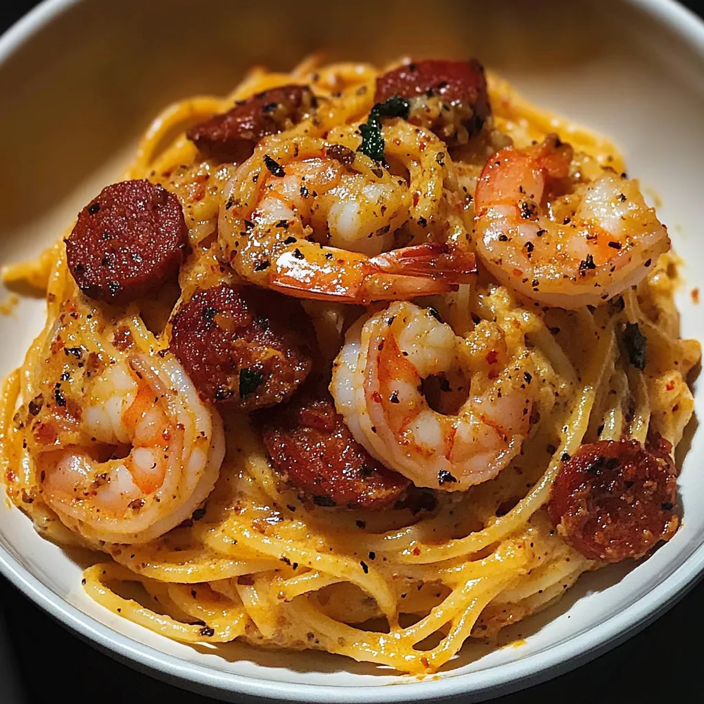 A bowl of pasta with shrimp and sausage.